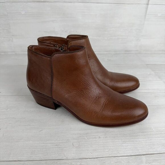 Sam Edelman Women 7 Petty Boots Brown Leather Bootie Block Low Heel Side Zip - Picture 1 of 14